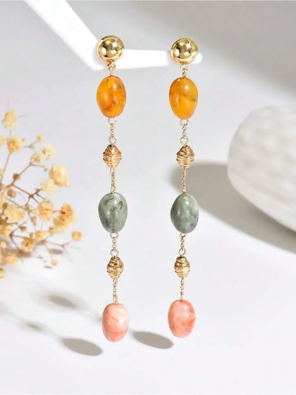 Gold Drop Earrings with Amber, Sage & Peach Beads N1487